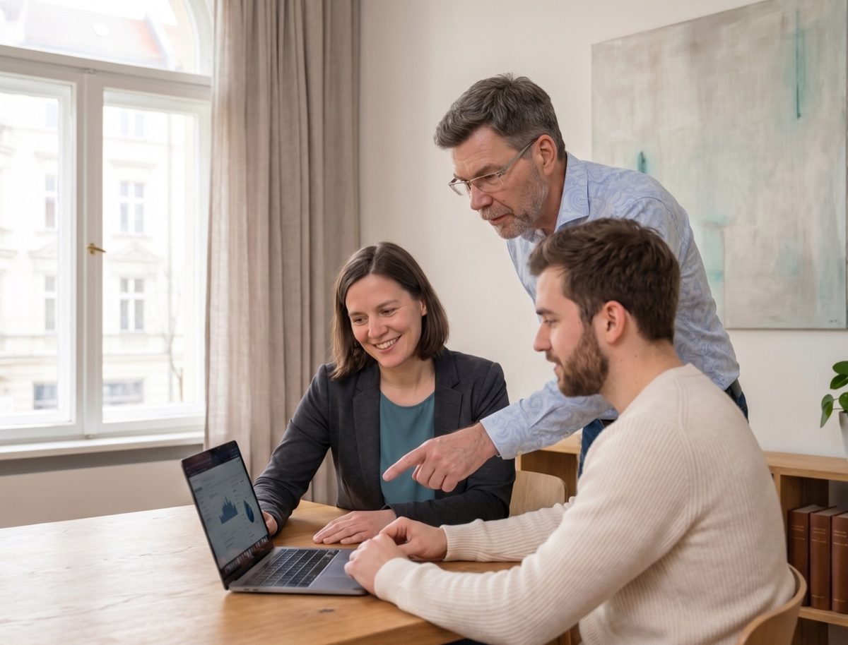 Persönliche Beratung bei accountaneers – Team bespricht Kennzahlen am Laptop im Büro in Berlin